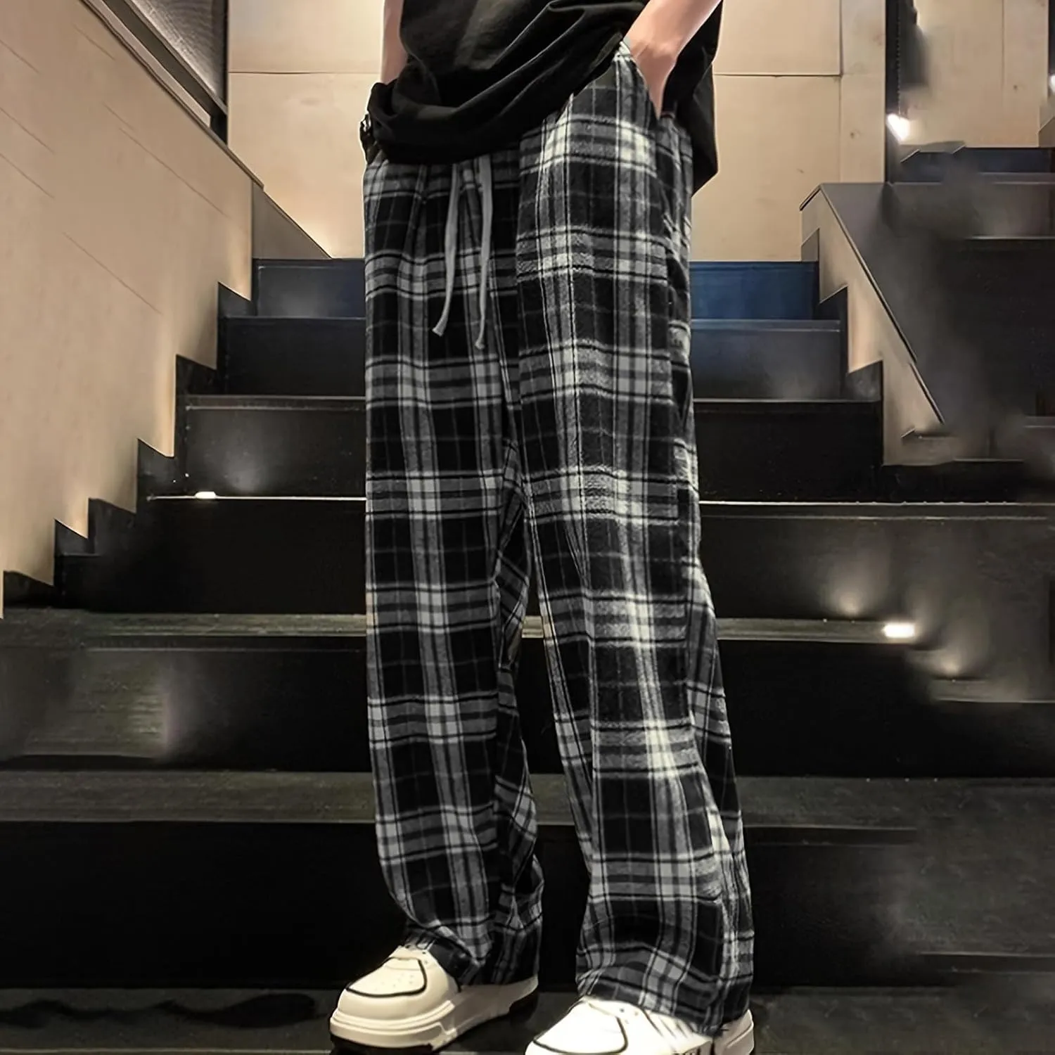 Mens Pajama Pants Wide-Legged Plaid Printed Drawstring Pockets Casual Pants Fall and Winter Sleepwear Pants