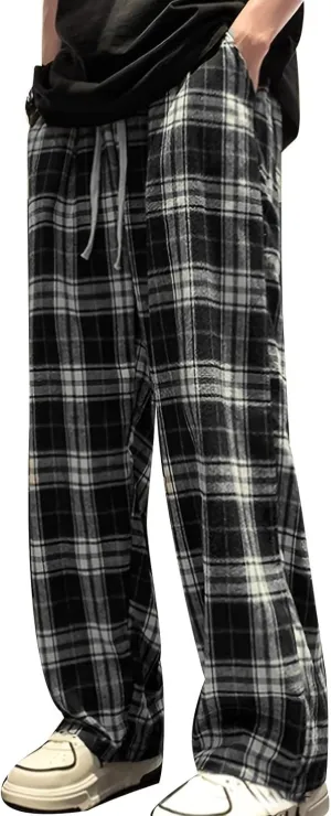 Mens Pajama Pants Wide-Legged Plaid Printed Drawstring Pockets Casual Pants Fall and Winter Sleepwear Pants