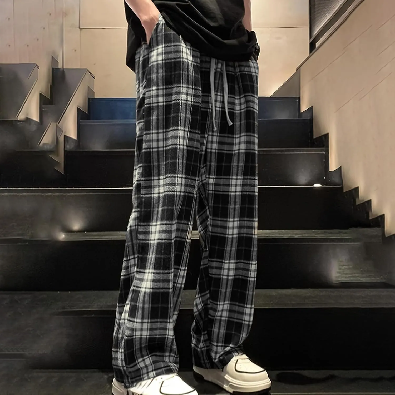 Mens Pajama Pants Wide-Legged Plaid Printed Drawstring Pockets Casual Pants Fall and Winter Sleepwear Pants