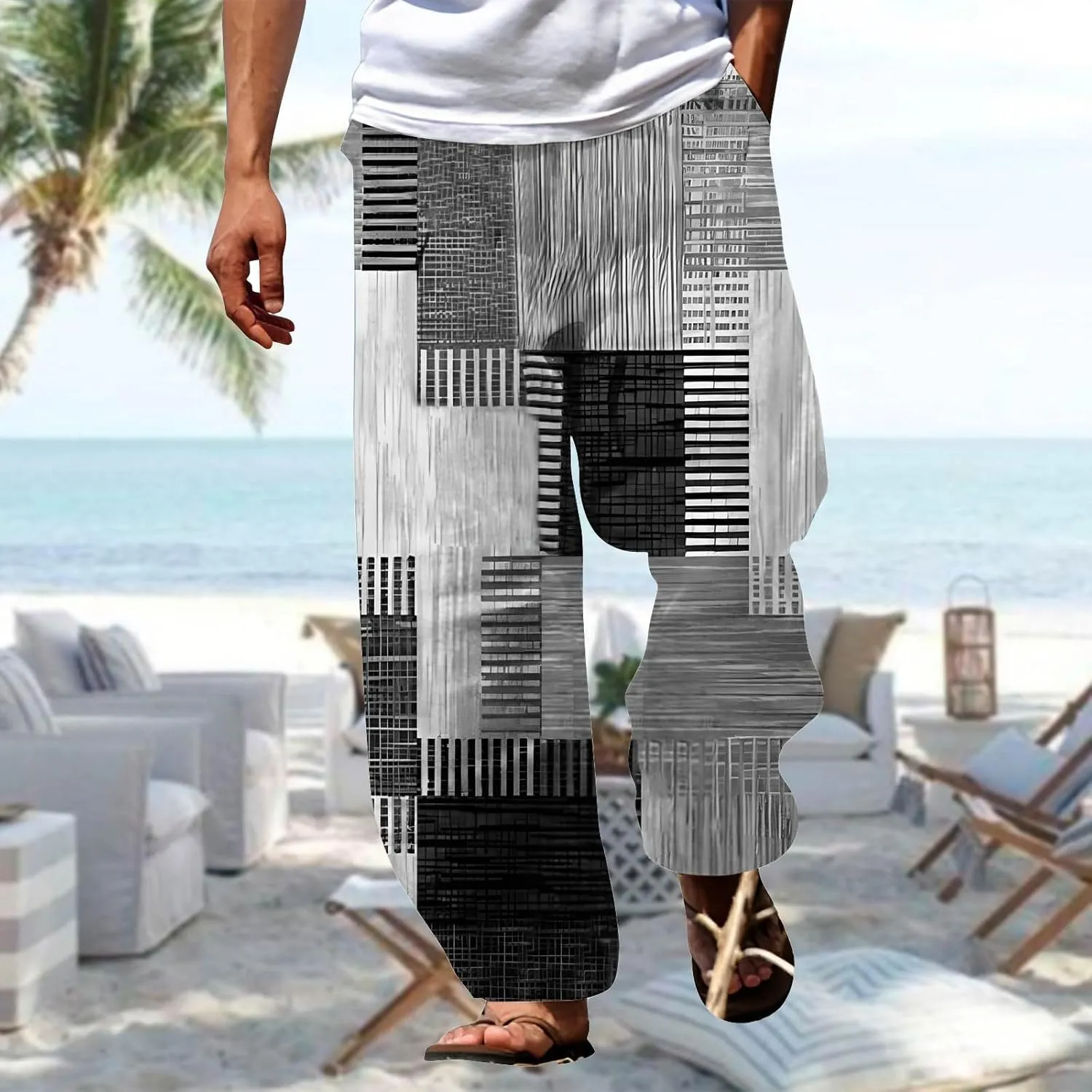 Mens Quick Drying Plus Size Baggy Casual Traveling Pants Color Block Trousers Lightweight Summer Elastic Waist Palazzo 2024