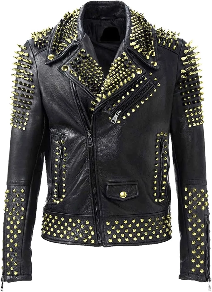Mens Studded Leather Jacket Rock Punk - Brando Motorcycle Black Biker Spiked Jacket