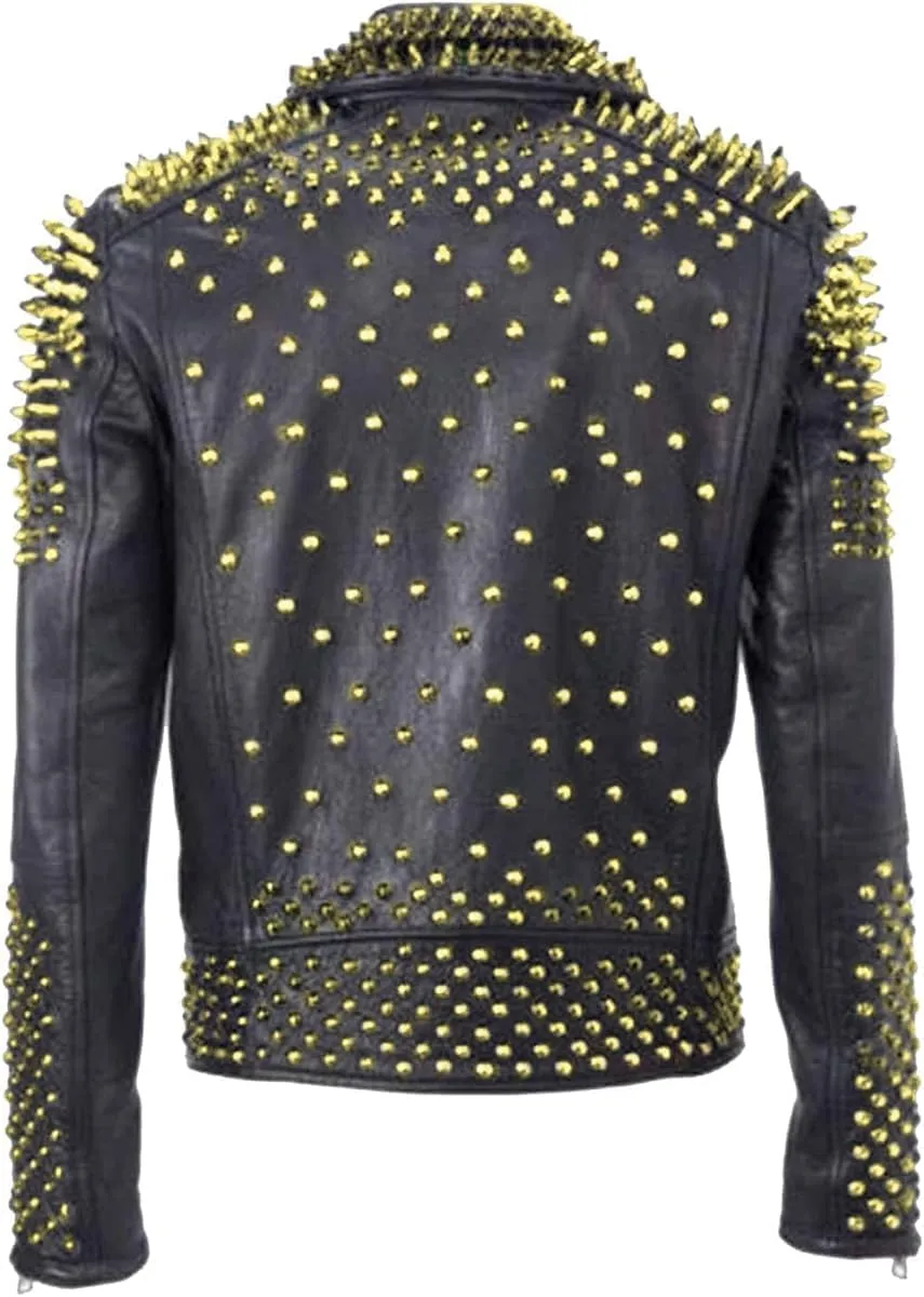 Mens Studded Leather Jacket Rock Punk - Brando Motorcycle Black Biker Spiked Jacket