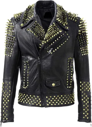 Mens Studded Leather Jacket Rock Punk - Brando Motorcycle Black Biker Spiked Jacket