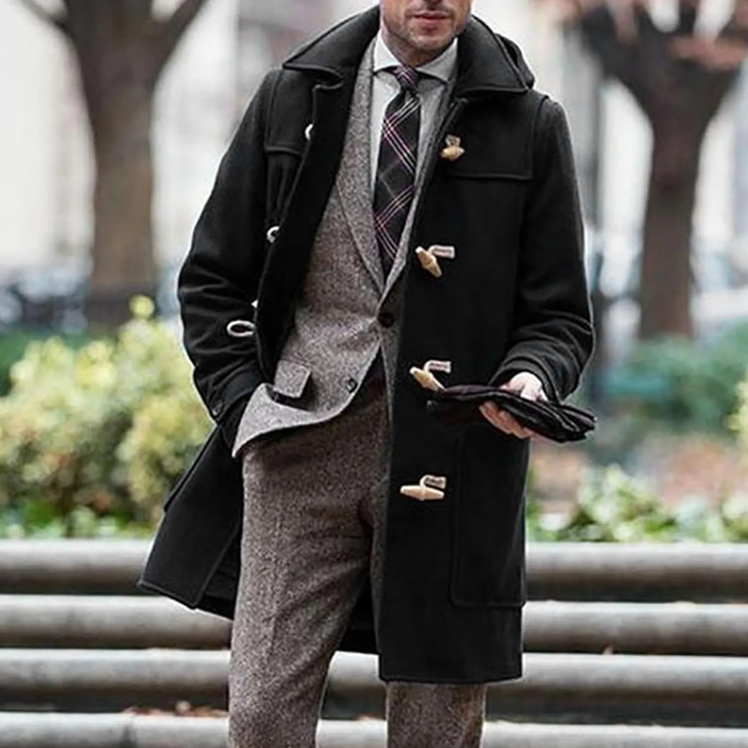 Mens Trench Coat with Hood Single Breasted Casual Business Cardigan Coats Walking Toggle Duffle Hoodie