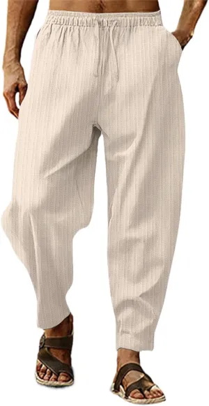 Mens White Linen Casual Pants Elastic Waist Loose Fit Straight-Legs Stretchy Summer Beach Long Baggy Yoga Trousers