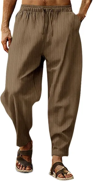 Mens White Linen Casual Pants Elastic Waist Loose Fit Straight-Legs Stretchy Summer Beach Long Baggy Yoga Trousers