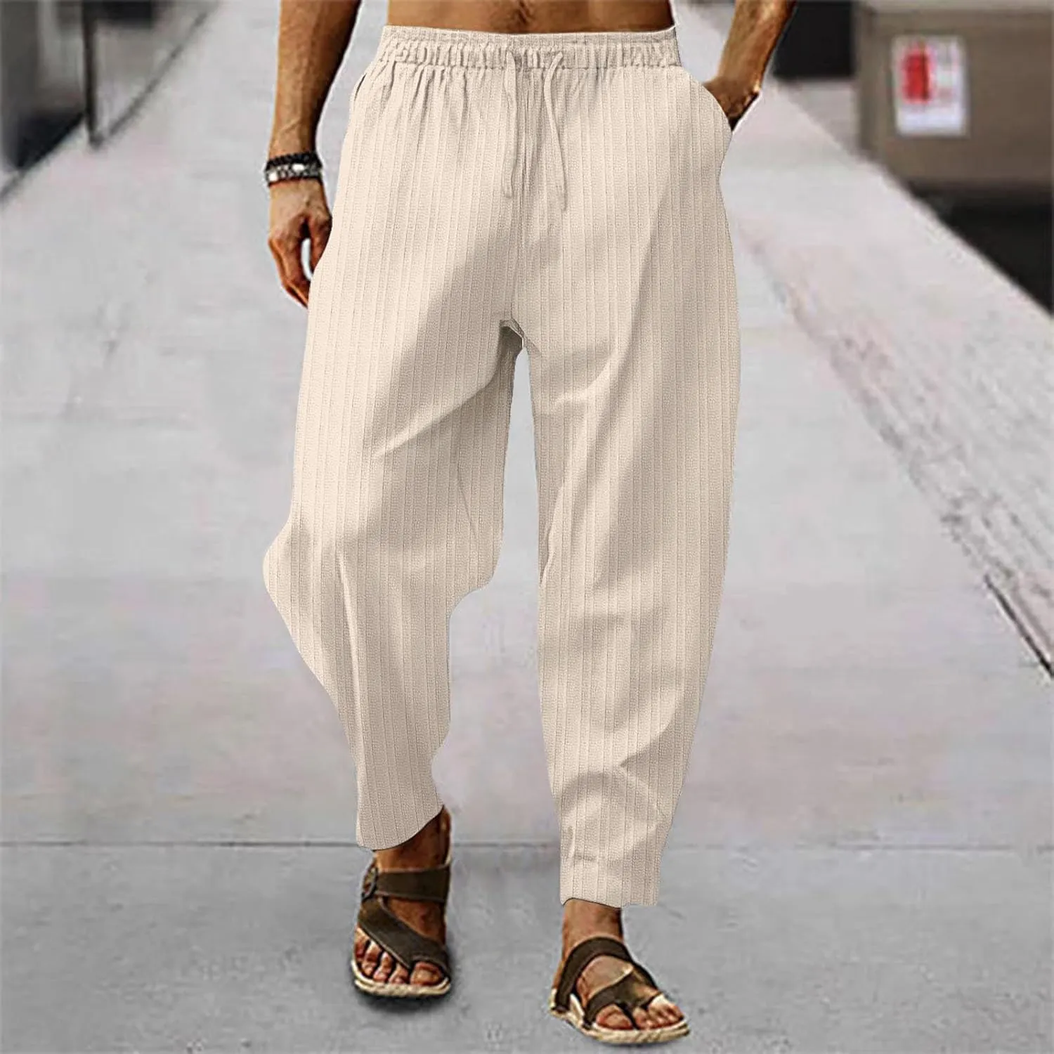 Mens White Linen Casual Pants Elastic Waist Loose Fit Straight-Legs Stretchy Summer Beach Long Baggy Yoga Trousers