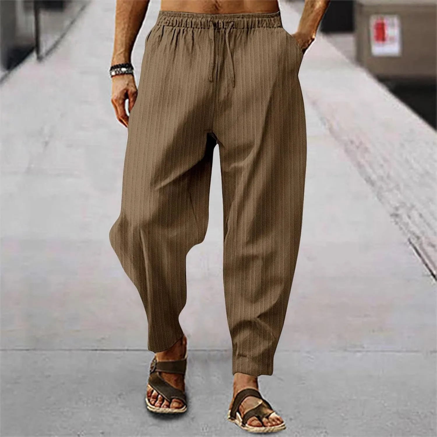 Mens White Linen Casual Pants Elastic Waist Loose Fit Straight-Legs Stretchy Summer Beach Long Baggy Yoga Trousers