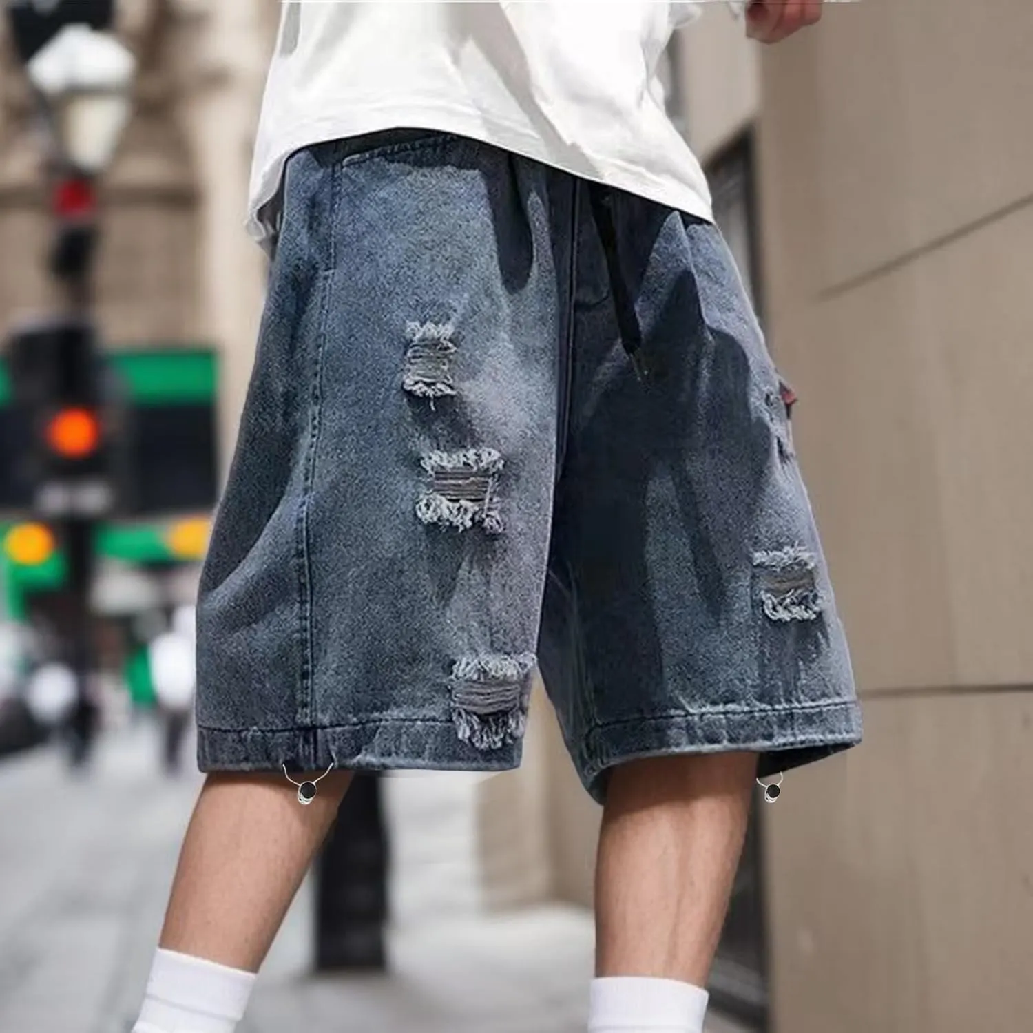 Men's Wide Leg Y2K Hip Hop Mid Jean Shorts Work Denim Shorts with Pockets Aesthetic Pants Streetwear Clothes