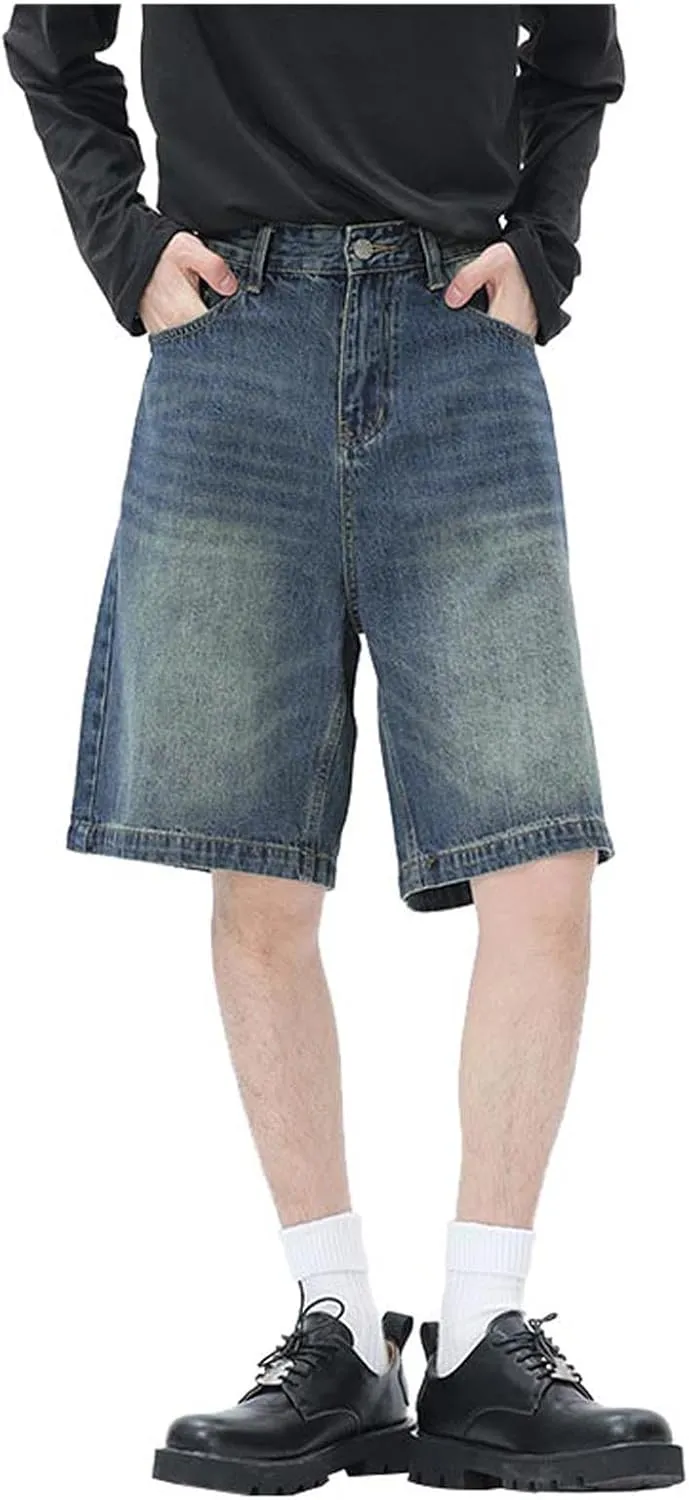 Men's Wide Leg Y2K Hip Hop Mid Jean Shorts Work Denim Shorts with Pockets Aesthetic Pants Streetwear Clothes