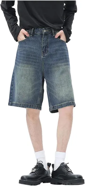 Men's Wide Leg Y2K Hip Hop Mid Jean Shorts Work Denim Shorts with Pockets Aesthetic Pants Streetwear Clothes