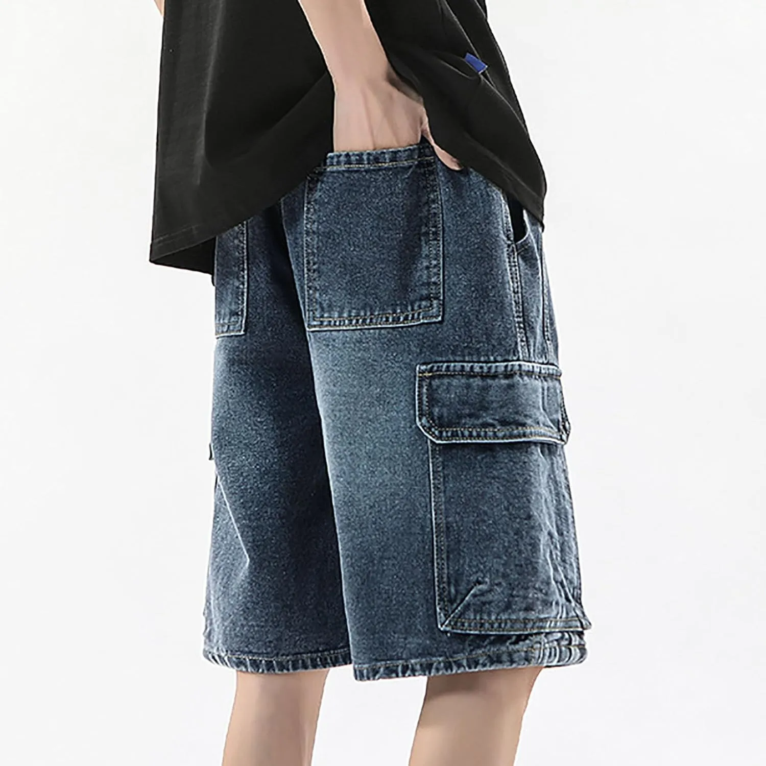 Men's Wide Leg Y2K Hip Hop Mid Jean Shorts Work Denim Shorts with Pockets Casual Summer Trendy Outfits