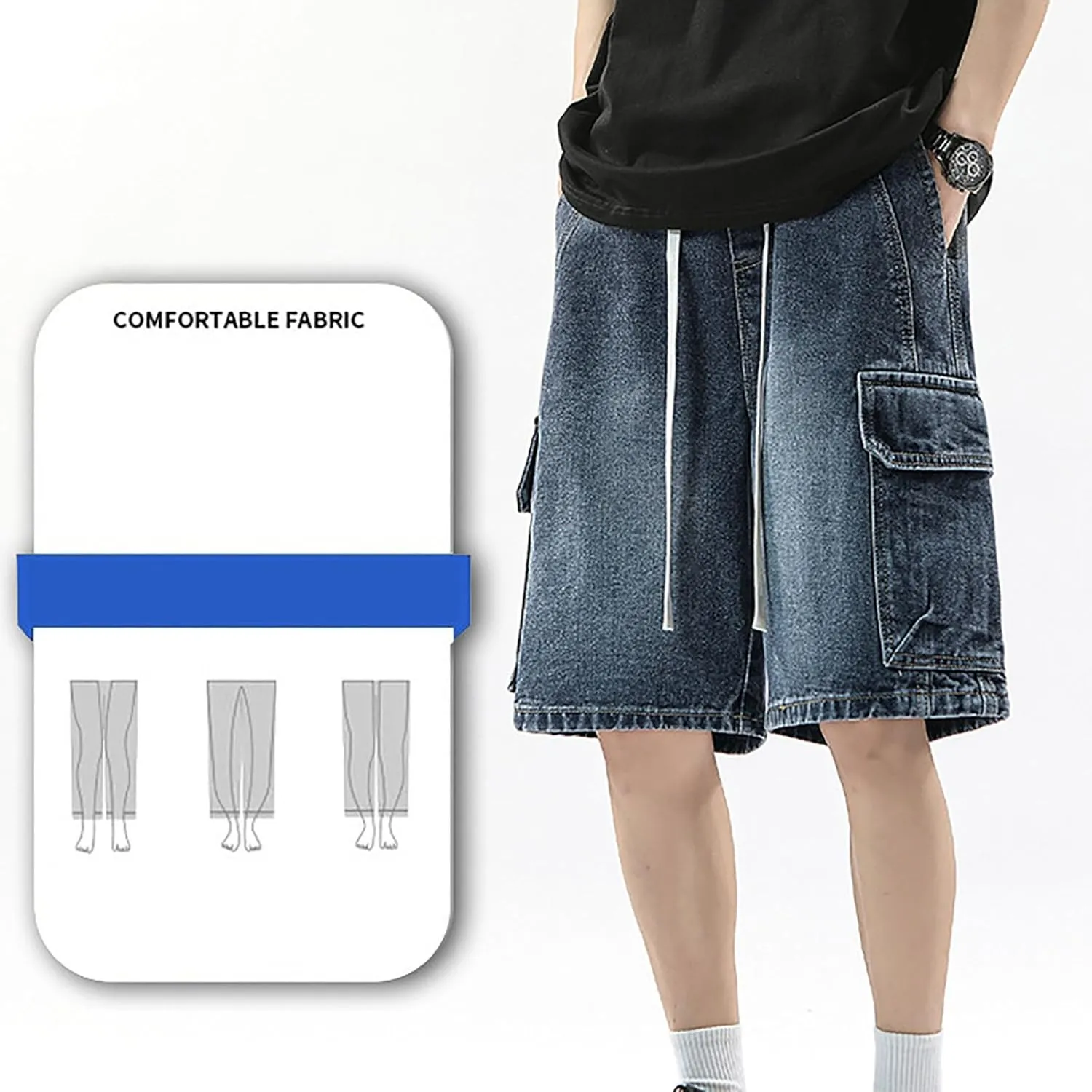 Men's Wide Leg Y2K Hip Hop Mid Jean Shorts Work Denim Shorts with Pockets Casual Summer Trendy Outfits