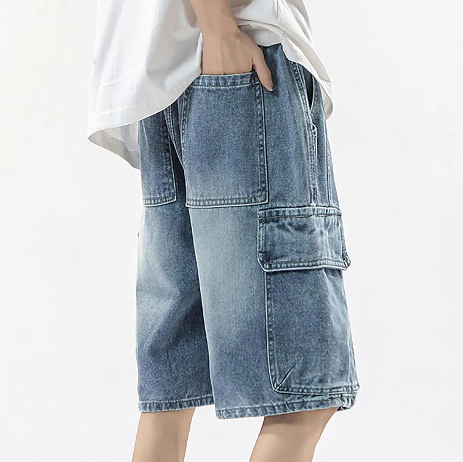 Men's Wide Leg Y2K Hip Hop Mid Jean Shorts Work Denim Shorts with Pockets Casual Summer Trendy Outfits