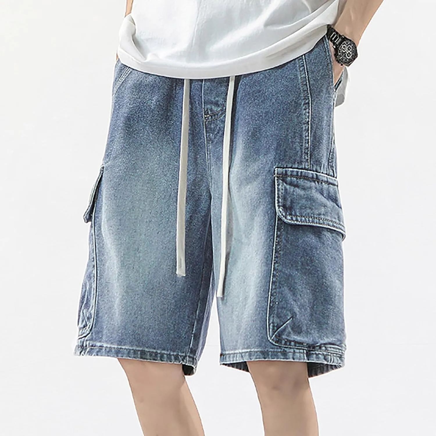Men's Wide Leg Y2K Hip Hop Mid Jean Shorts Work Denim Shorts with Pockets Casual Summer Trendy Outfits