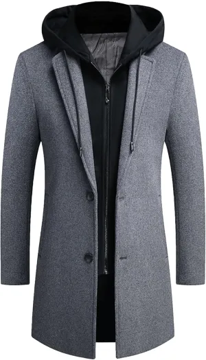 Men's Wool Hooded Overcoat Casual Single Breasted Business Male Coat Classic Long Sleeve Trench Overcoats