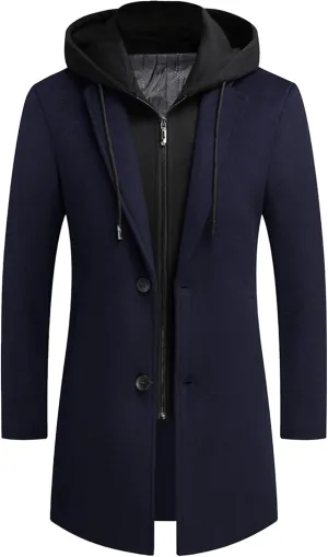 Men's Wool Hooded Overcoat Casual Single Breasted Business Male Coat Classic Long Sleeve Trench Overcoats