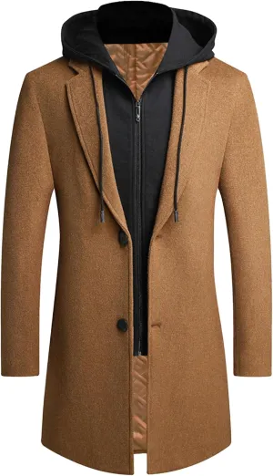 Men's Wool Hooded Overcoat Casual Single Breasted Business Male Coat Classic Long Sleeve Trench Overcoats