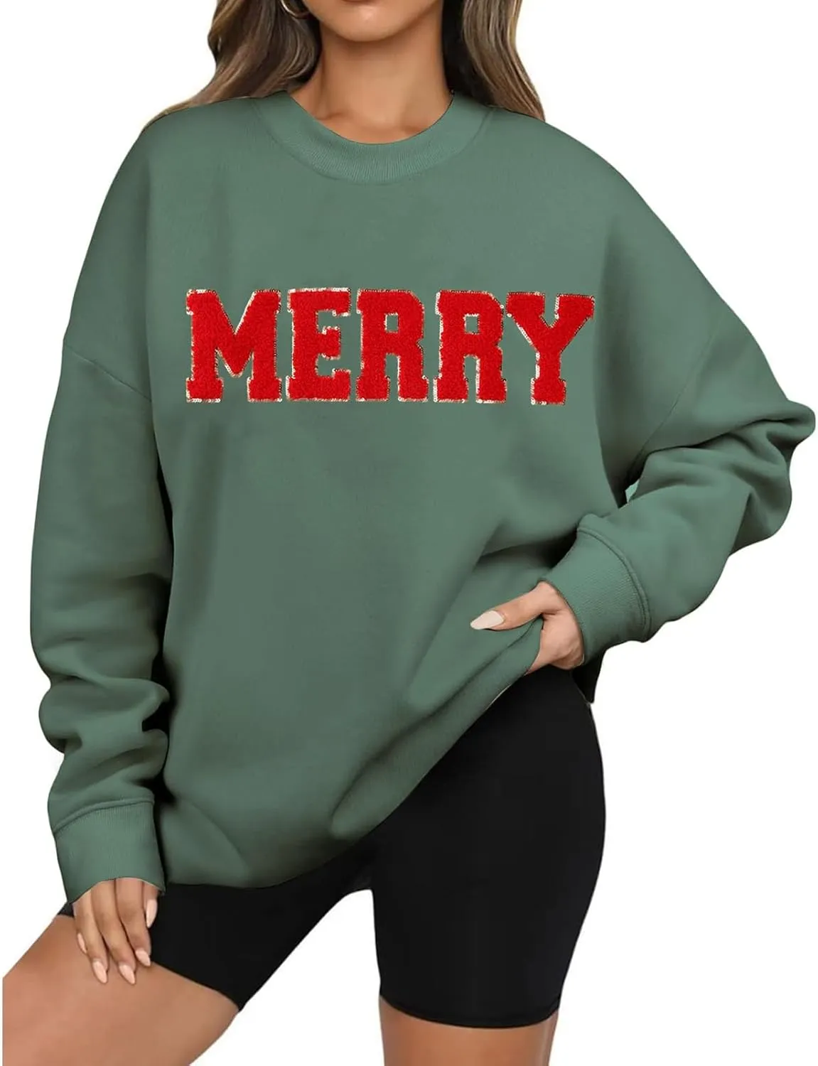Merry Christmas Sweatshirts for Women Glitter Patch Merry Letter Shirts Crewneck Xmas Gifts Oversized Pullover Top