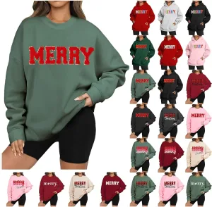 Merry Christmas Sweatshirts for Women Glitter Patch Merry Letter Shirts Crewneck Xmas Gifts Oversized Pullover Top