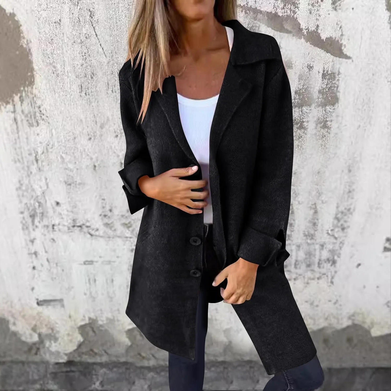 Mid-Length Trench Coats for Women Casual Notched Lapel Wool Single-Breasted Jackets Windbreaker Outerwear Overcoats