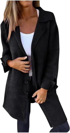 Mid-Length Trench Coats for Women Casual Notched Lapel Wool Single-Breasted Jackets Windbreaker Outerwear Overcoats