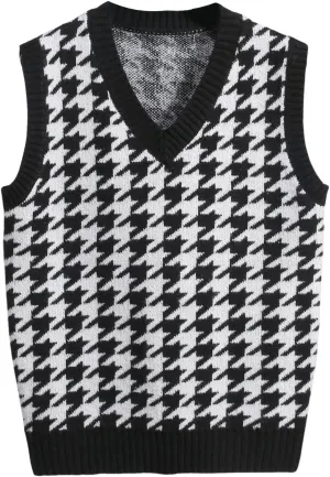Milumia Men's Houndstooth Sweater Vest Sleeveless V Neck Casual Rib Knit Top