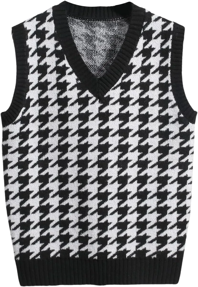 Milumia Men's Houndstooth Sweater Vest Sleeveless V Neck Casual Rib Knit Top