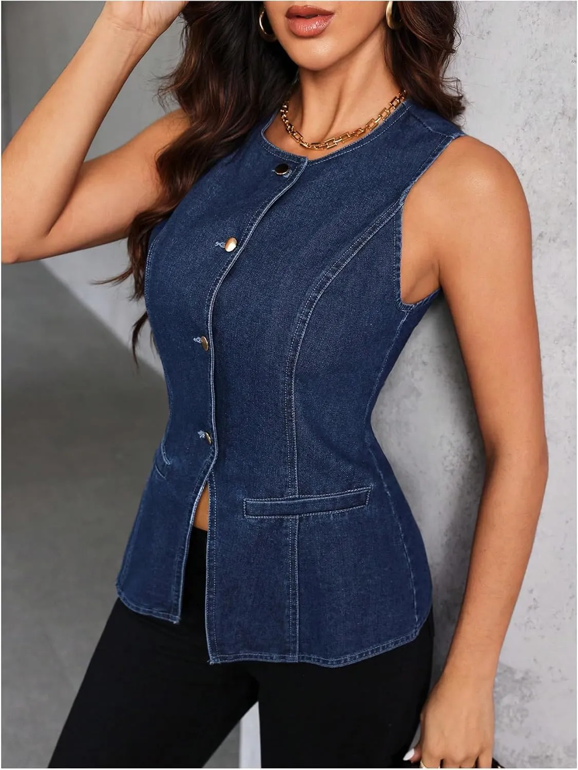 Milumia Women's Denim Vest Top Sleeveless Button Split Hem Jean Waistcoat Tank Tops