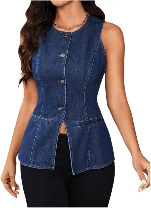 Milumia Women's Denim Vest Top Sleeveless Button Split Hem Jean Waistcoat Tank Tops