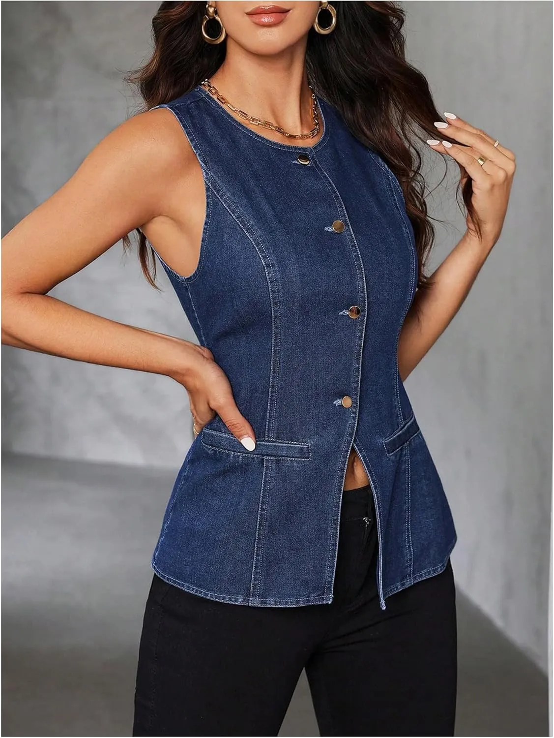 Milumia Women's Denim Vest Top Sleeveless Button Split Hem Jean Waistcoat Tank Tops