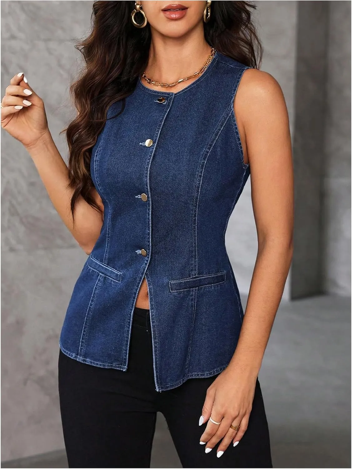 Milumia Women's Denim Vest Top Sleeveless Button Split Hem Jean Waistcoat Tank Tops