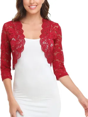 MISS MOLY Women's 3/4 Sleeve Sheer Floral Lace Bolero Shrug Top Cardigan
