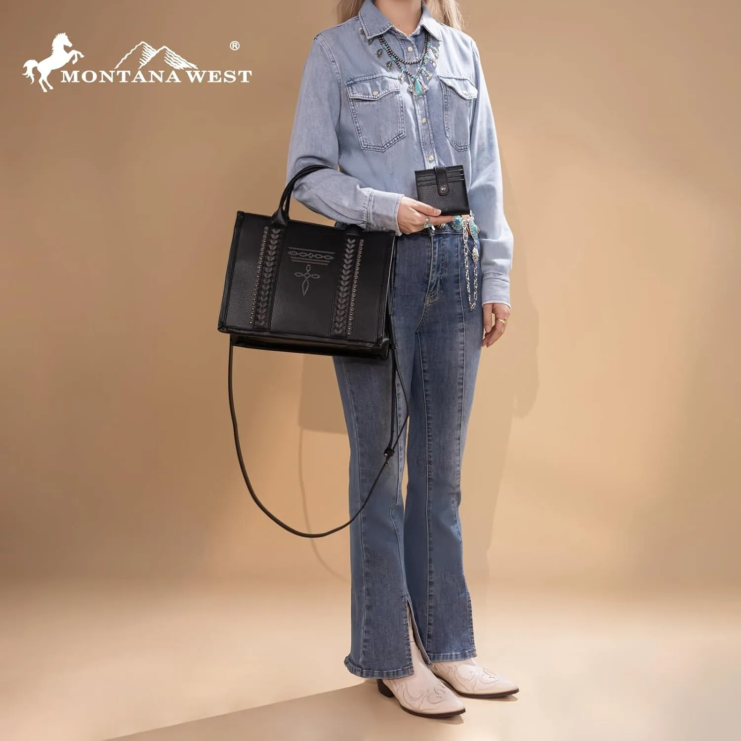 Montana West Longhorn Whipstitch Western Top Handle Tote Bag with Card Wallet Set