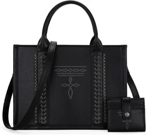Montana West Longhorn Whipstitch Western Top Handle Tote Bag with Card Wallet Set