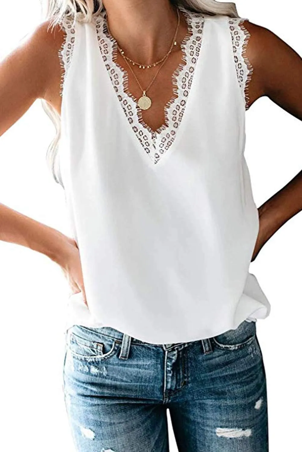 Mosucoirl Womens V Neck Lace Trim Cami Tank Top Casual Sleeveless Blouse Shirts
