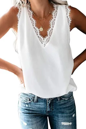 Mosucoirl Womens V Neck Lace Trim Cami Tank Top Casual Sleeveless Blouse Shirts