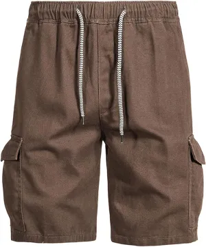 Muscularfit Mens Workout Shorts Regular Fit Drawstring Elastic Waist Tooling Shorts Cotton Multi Pockets Solid Cargo Shorts
