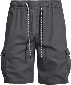 Muscularfit Mens Workout Shorts Regular Fit Drawstring Elastic Waist Tooling Shorts Cotton Multi Pockets Solid Cargo Shorts