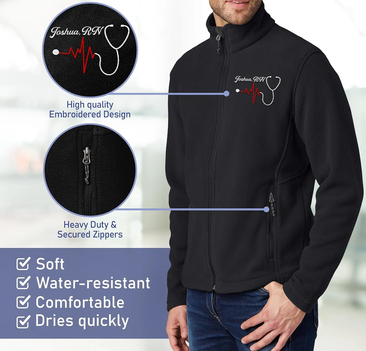 NACRE APPAREL Custom Embroidered Midweight Fleece Jacket for Men & Women Personalized Stethescope Print Jacket