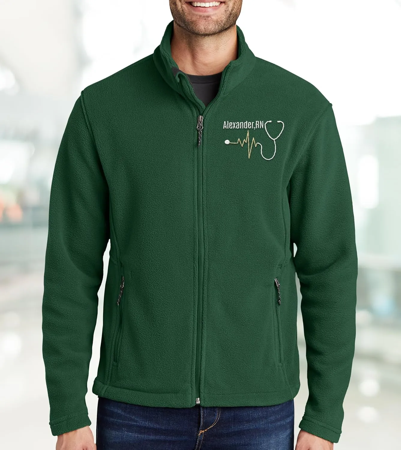 NACRE APPAREL Custom Embroidered Midweight Fleece Jacket for Men & Women Personalized Stethescope Print Jacket