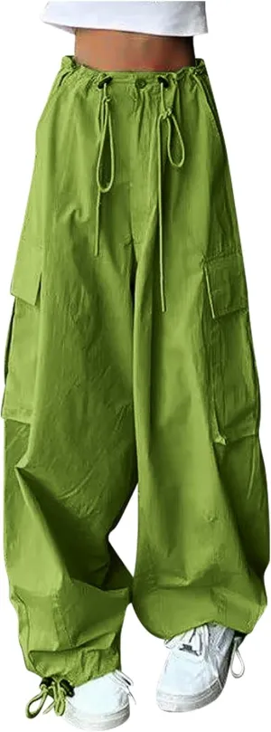 NATHGAM Parachute Pants for Women High Waist Buckle Baggy Cargo Pants Multiple Pockets Drawstring Y2K Streetwear Trousers