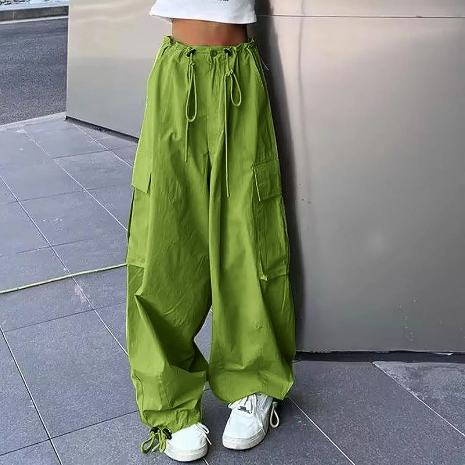 NATHGAM Parachute Pants for Women High Waist Buckle Baggy Cargo Pants Multiple Pockets Drawstring Y2K Streetwear Trousers