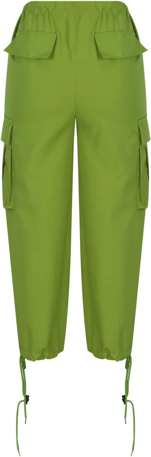 NATHGAM Parachute Pants for Women High Waist Buckle Baggy Cargo Pants Multiple Pockets Drawstring Y2K Streetwear Trousers