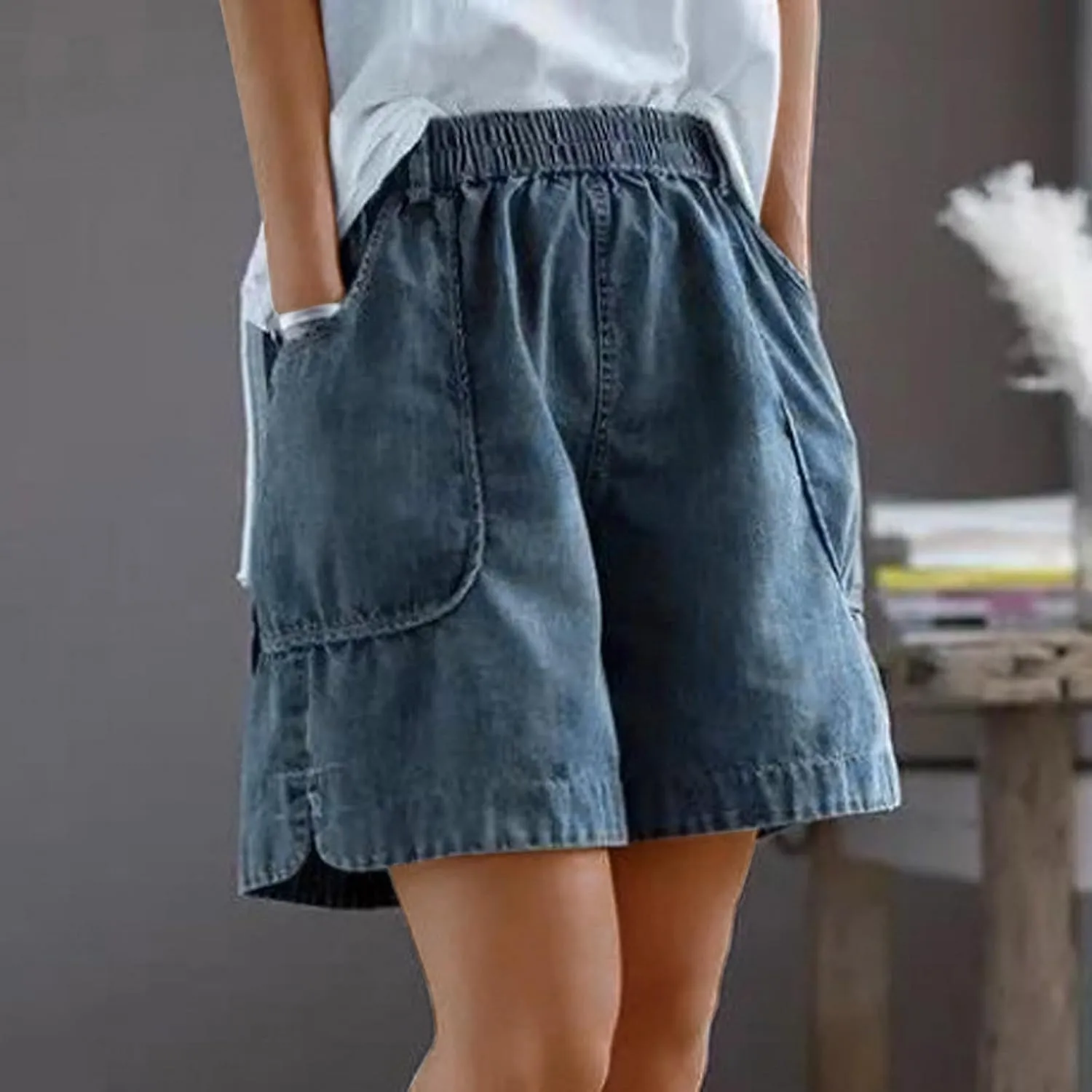 NATHGAM Womens Wide Leg Jean Shorts Baggy High Waisted Denim Shorts Lightweight Comfy Jeans Shorts 80s Plus Size with Pockets