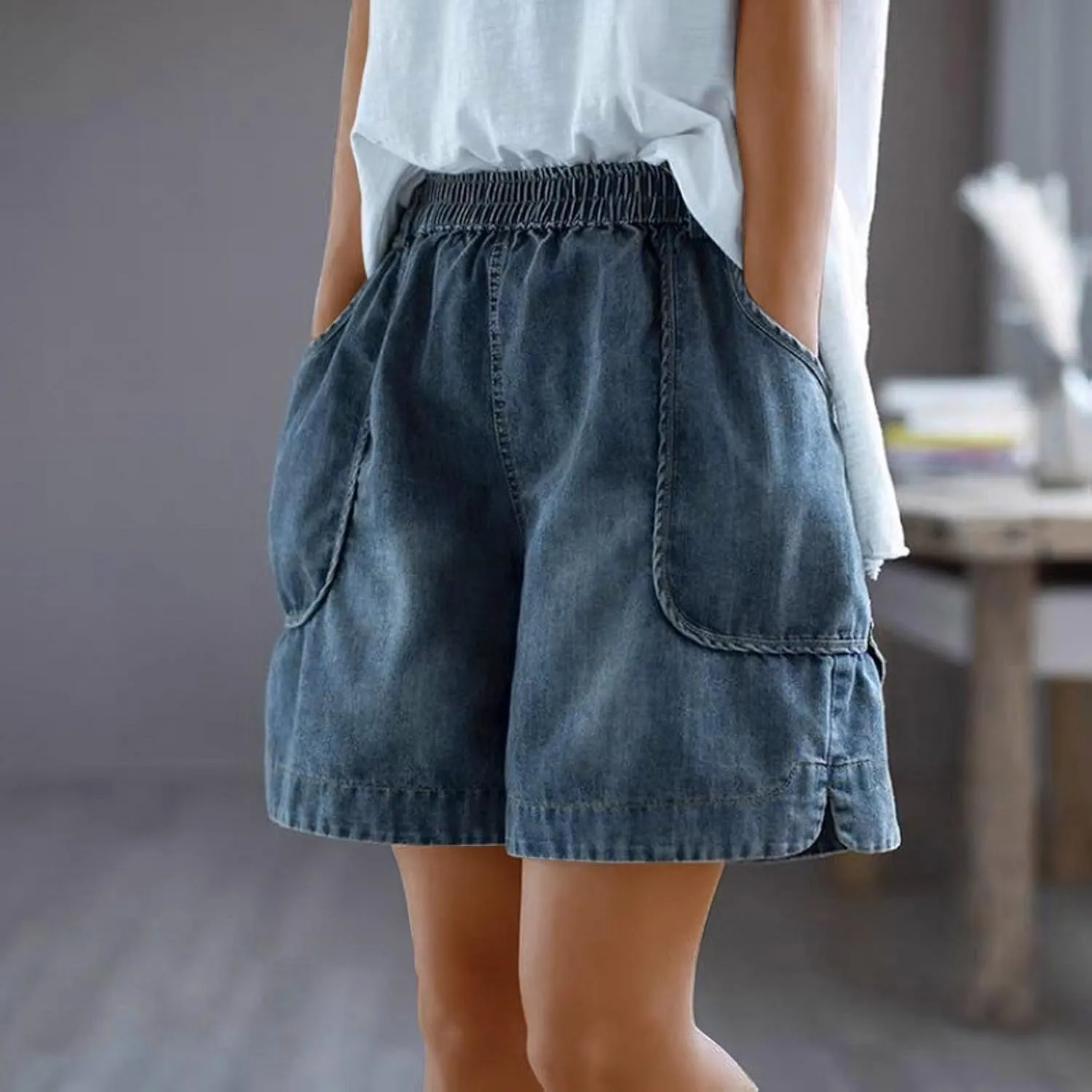 NATHGAM Womens Wide Leg Jean Shorts Baggy High Waisted Denim Shorts Lightweight Comfy Jeans Shorts 80s Plus Size with Pockets