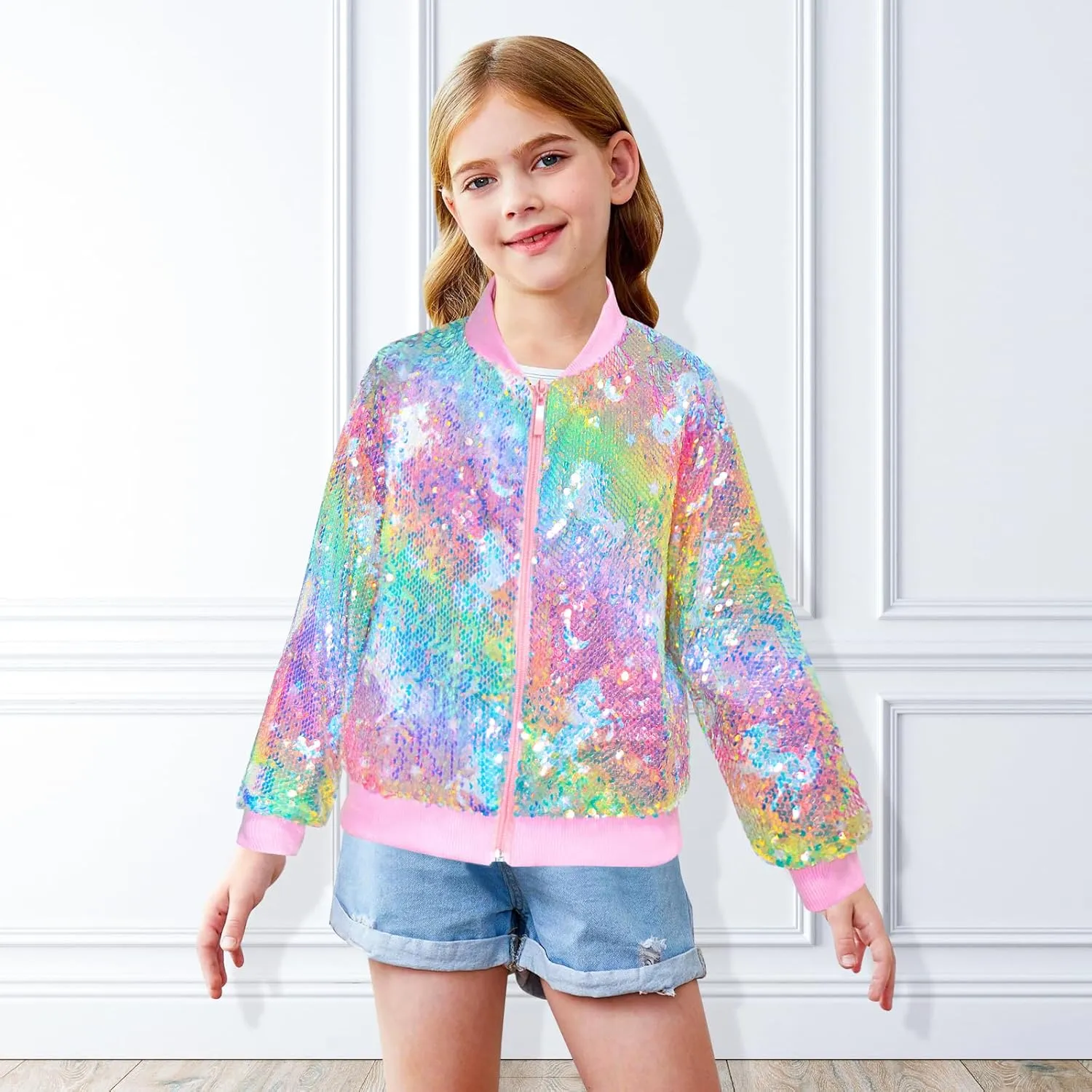 OlyPegic Girls Sequin Jackets Kids Bomber Jacket with Pockets Sparkle Outwear Glitter Zipper Coat Long Sleeve Birthday