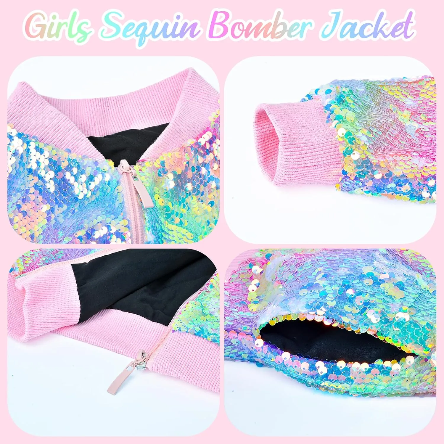 OlyPegic Girls Sequin Jackets Kids Bomber Jacket with Pockets Sparkle Outwear Glitter Zipper Coat Long Sleeve Birthday
