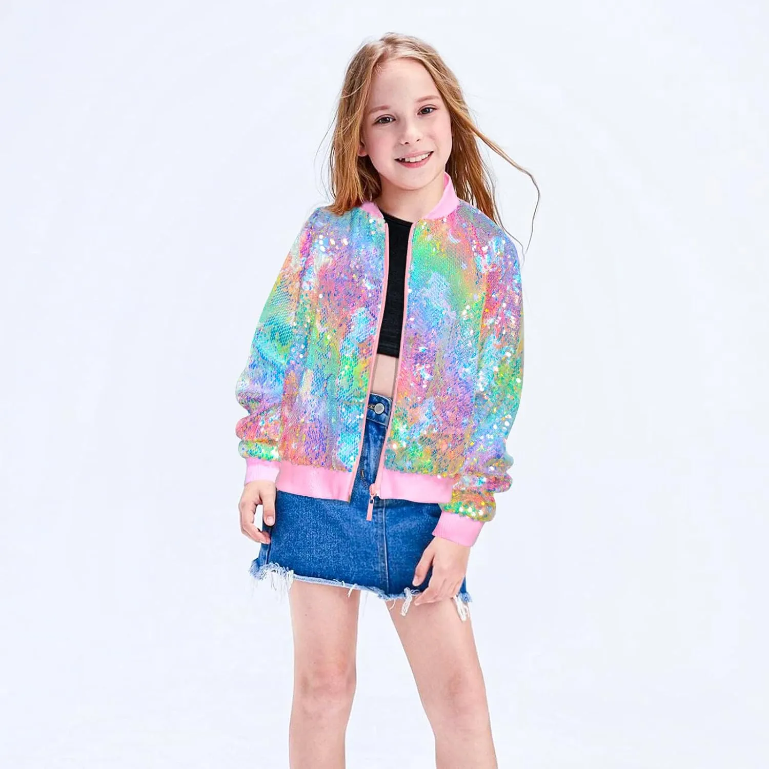 OlyPegic Girls Sequin Jackets Kids Bomber Jacket with Pockets Sparkle Outwear Glitter Zipper Coat Long Sleeve Birthday