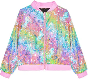 OlyPegic Girls Sequin Jackets Kids Bomber Jacket with Pockets Sparkle Outwear Glitter Zipper Coat Long Sleeve Birthday